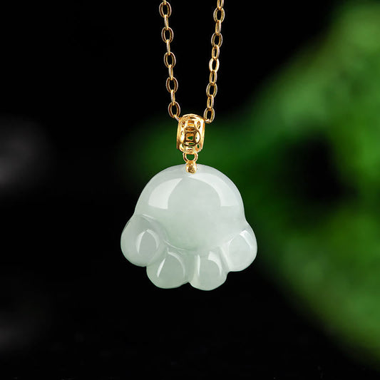 Jade  925 Sterling Silver 18K Gold Plated Natural Jade Cat Paw Pattern Luck Necklace Pendant