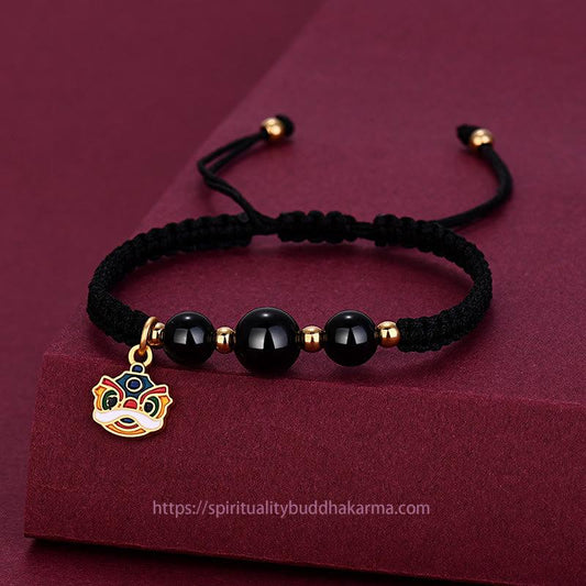 Ancient Tibetan Buddhist Red String Tradition  Handmade Black Onyx Bead Dancing Lion Fortune Bracelet