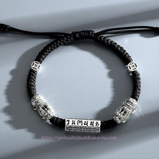 Ancient Tibetan Buddhist Red String Tradition  Double PiXiu Feng Shui Copper Coin Om Mani Padme Hum String Bracelet