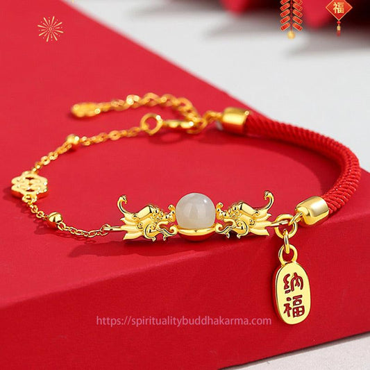 Ancient Tibetan Buddhist Red String Tradition  Year of the Dragon 925 Sterling Silver Hetian Jade Attract Fortune Fu Character Luck Bracelet