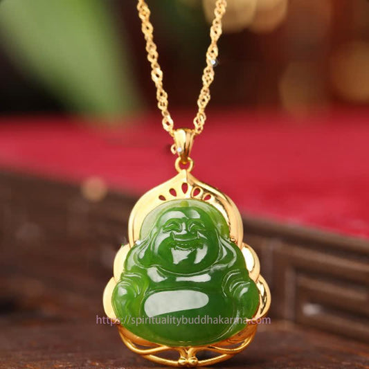 Spirituality 925 Sterling Silver Natural Hetian Cyan Jade Laughing Buddha 18K Gold Healing Necklace Chain Pendant