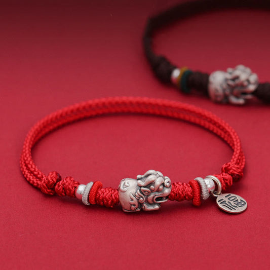 Ancient Tibetan Buddhist Red String Tradition  925 Sterling Silver PiXiu Fu Character Wealth Luck Handmade Braided Bracelet