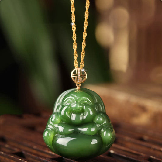 Buddha Energy Necklace 925 Sterling Silver Laughing Buddha Hetian Cyan Jade 18K Gold Success Necklace Chain Pendant