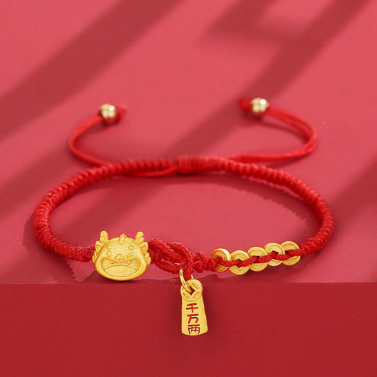 Ancient Tibetan Buddhist Red String Tradition  Handmade 925 Sterling Silver Year of the Dragon Gold Copper Coin Luck Bracelet