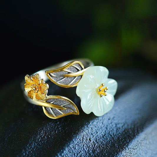 Jade  925 Silver Plated Copper White Jade Plum Flower Leaf Luck Ring