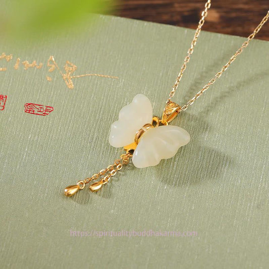 Jade  925 Sterling Silver Plated Gold Hetian White Jade Butterfly Blessing Necklace Pendant
