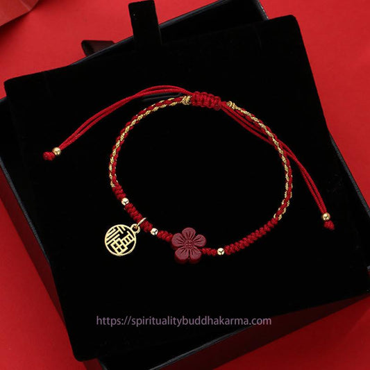 Ancient Tibetan Buddhist Red String Tradition  Cinnabar Flower Fu Character Blessing Braided String Bracelet