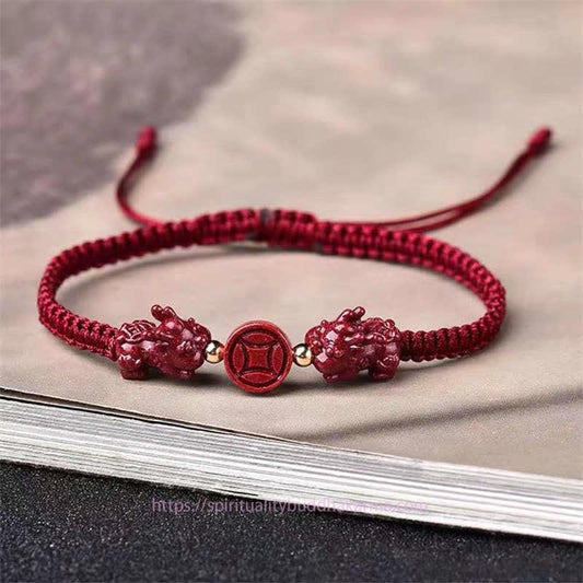 Ancient Tibetan Buddhist Red String Tradition  Cinnabar PiXiu Blessing Copper Coin Peace Buckle Red String Bracelet