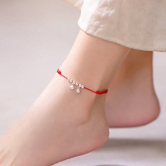 Ancient Tibetan Buddhist Red String Tradition  925 Sterling Silver Red String Braid Bell Charm Anklet