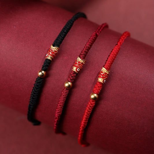 Ancient Tibetan Buddhist Red String Tradition  925 Sterling Silver Handmade Koi Fish Wealth Success Braided Rope Bracelet