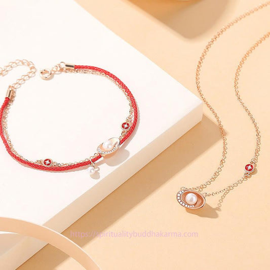 Tibetan Knot Protection 925 Sterling Silver Pearl Ingots Copper Coins Healing Necklace Pendant Red Rope Bracelet Set