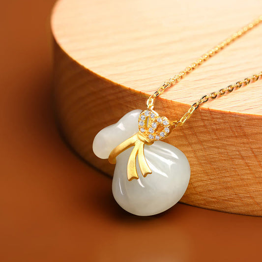 Jade  Natural Hetian White Jade Luck Money Bag Necklace Pendant