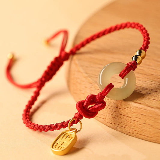 Ancient Tibetan Buddhist Red String Tradition  Hetian Jade Peace Buckle Fu Character String Luck Bracelet