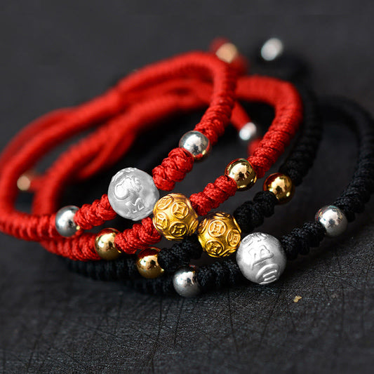 Ancient Tibetan Buddhist Red String Tradition  999 Sterling Silver Om Mani Padme Hum Copper Coin Luck Strength String Couple Bracelet