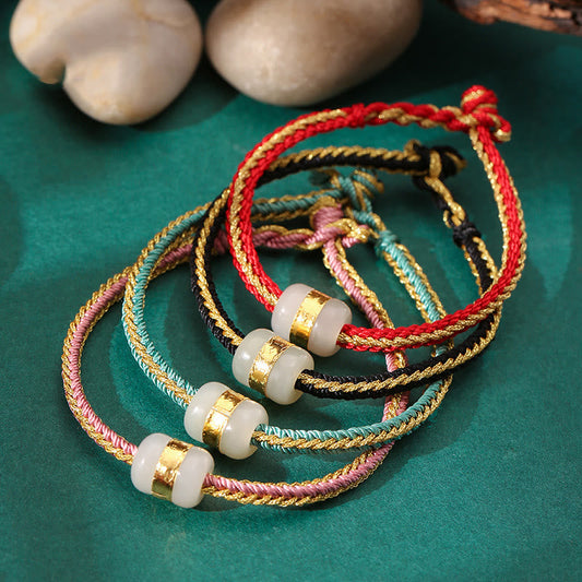 Ancient Tibetan Buddhist Red String Tradition  999 Gold Hetian White Jade Om Mani Padme Hum Fu Character Luck Braided Bracelet