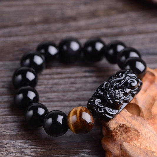 Spirituality Buddha Karma Natural Black Obsidian PiXiu Tiger's Eye Strength Bracelet