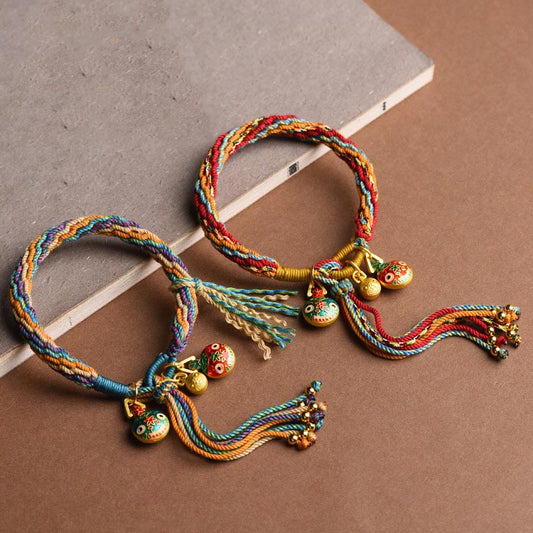 Ancient Tibetan Buddhist Red String Tradition  Gold Swallowing Beast Family Luck Reincarnation Knot Braid Colorful String Bracelet