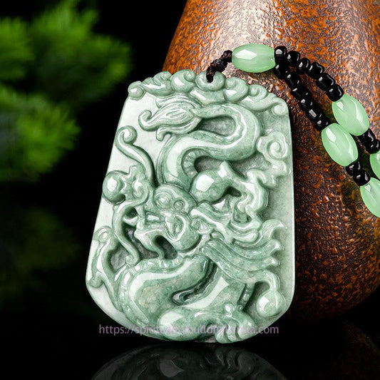 Jade  Year Of The Dragon Chinese Zodiac Dragon Soaring Jade Protection Bead Chain Necklace Pendant