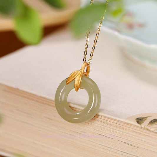 Jade  925 Sterling Silver Cyan Jade Peace Buckle Bamboo Leaf Harmony Necklace Pendant