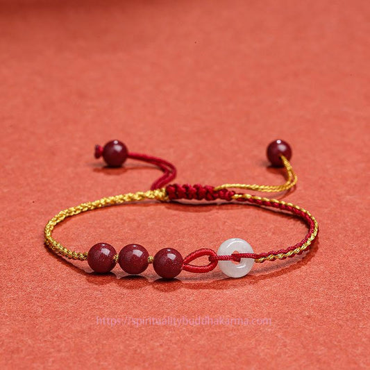 Ancient Tibetan Buddhist Red String Tradition  Natural Cinnabar Jade Peace Buckle Blessing Bracelet