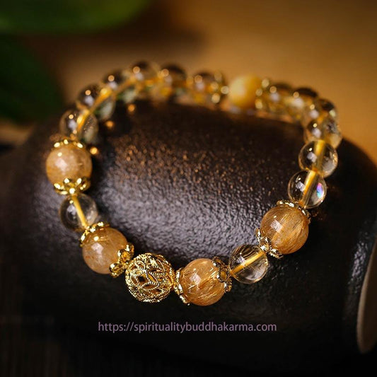 Golden Energy Citrine Natural Wealth Solar Plexus Chakra (Third Chakra) Amethyst Rutilated Quartz Prosperity Protection Bracelet