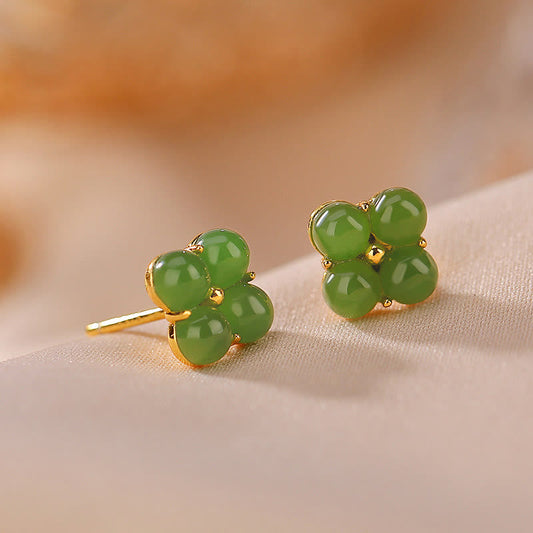 Jade  925 Sterling Silver Plated Gold Natural Cyan Jade Four Leaf Clover Luck Stud Earrings