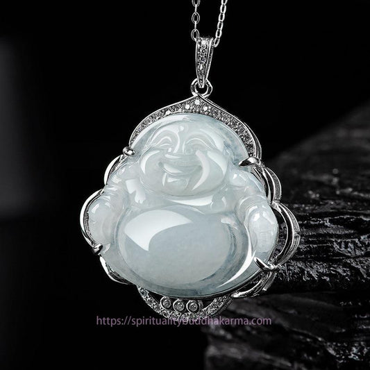 Spirituality 925 Sterling Silver Laughing Buddha Natural Jade Abundance Necklace Pendant