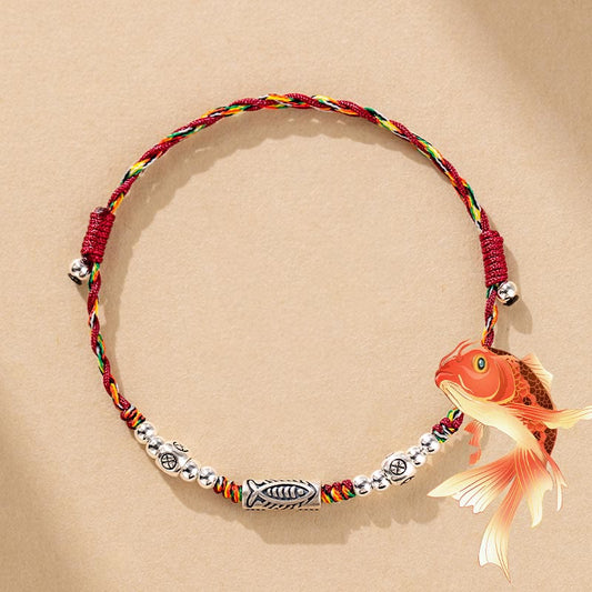 Ancient Tibetan Buddhist Red String Tradition  925 Sterling Silver Luck Koi Fish Braided Colorful String Bracelet Anklet