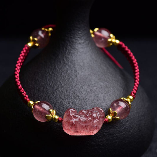 Ancient Tibetan Buddhist Red String Tradition  Natural Strawberry Crystal Pixiu Charm Lucky Red String Bracelet