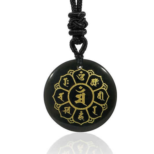 Spirituality Buddha Karma Om Mani Padme Hum Natural Various Crystal Black Obsidian Strength Necklace Pendant