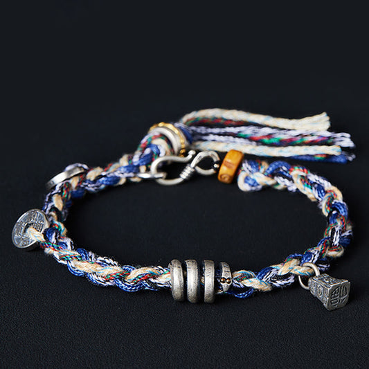Ancient Tibetan Buddhist Red String Tradition  925 Sterling Silver Coins Scales Charm Handmade Blessing Bracelet