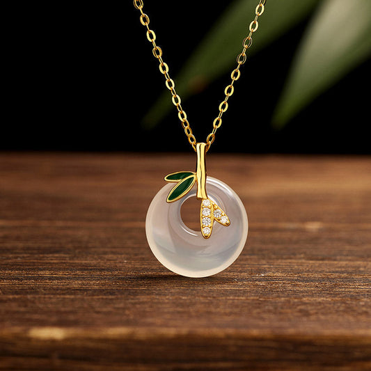 Jade  925 Sterling Silver Natural Chalcedony Bamboo Leaf Peace Buckle Positive Necklace Pendant