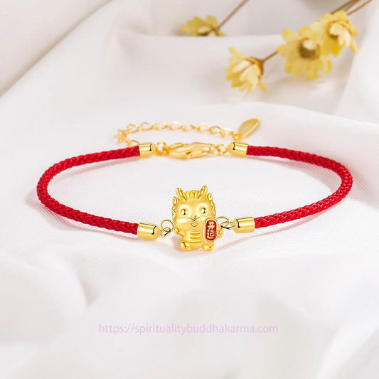 Ancient Tibetan Buddhist Red String Tradition  925 Sterling Silver Year Of The Dragon Lucky Golden Dragon Strength Red Rope Chain Bracelet