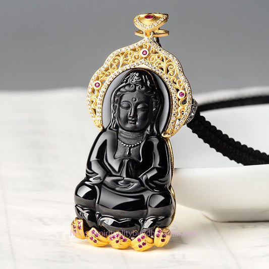 Buddha Energy Necklace 925 Sterling Silver Natural Black Jade Kwan Yin Avalokitesvara Wealth Necklace Pendant