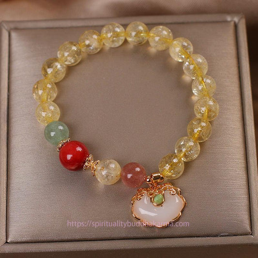 Golden Energy Citrine Natural Wealth Solar Plexus Chakra (Third Chakra) White Jade Strawberry Quartz Protection Charm Bracelet