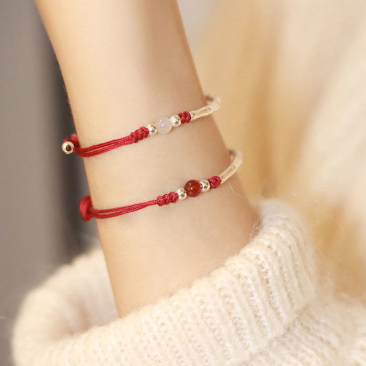 Ancient Tibetan Buddhist Red String Tradition  925 Sterling Silver Bamboo White Agate Red Agate Bead Protection String Braided Bracelet