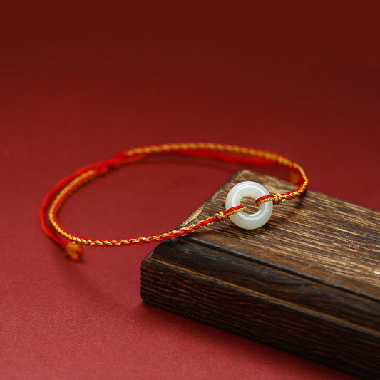 Ancient Tibetan Buddhist Red String Tradition  Round Peace Buckle Jade Luck Abundance Braided Bracelet Anklet