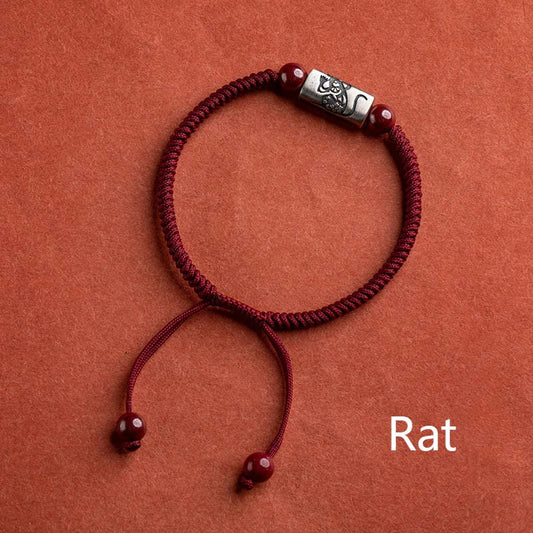 Ancient Tibetan Buddhist Red String Tradition  925 Sterling Silver 12 Chinese Zodiac Cinnabar String Bracelet