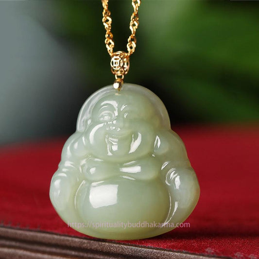 Spirituality 925 Sterling Silver Laughing Buddha Cyan Jade 18K Gold Success Necklace Pendant