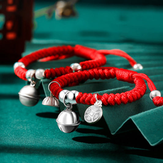 Ancient Tibetan Buddhist Red String Tradition  925 Sterling Silver Handmade Fu Character Lucky Money Bag Chinese Lock Charm Bell Lotus Copper Coin King Kong Knot Braided Kids Bracelet