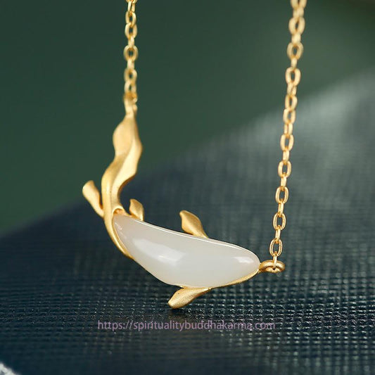 Jade  925 Sterling Silver White Jade Dolphin Luck Necklace Pendant