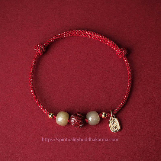 Ancient Tibetan Buddhist Red String Tradition  14K Gold Plated Hetian Jade Cinnabar Lotus Luck Handcrafted Rope Bracelet