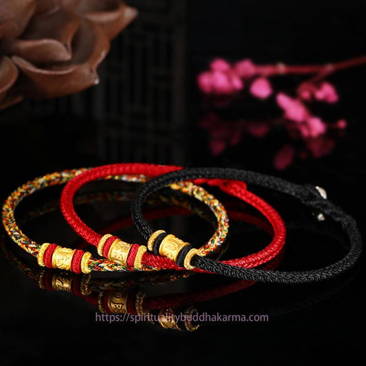 Ancient Tibetan Buddhist Red String Tradition  Tibet 999 Gold Om Mani Padme Hum Engraved Protection Lucky Bead Bracelet