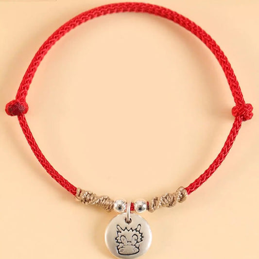 Ancient Tibetan Buddhist Red String Tradition  Handmade 999 Sterling Silver Year of the Dragon Cute Chinese Zodiac Luck Braided Bracelet