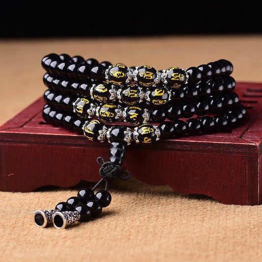 Spirituality Buddha Karma Black Obsidian Six True Words Protection Mala Bracelet