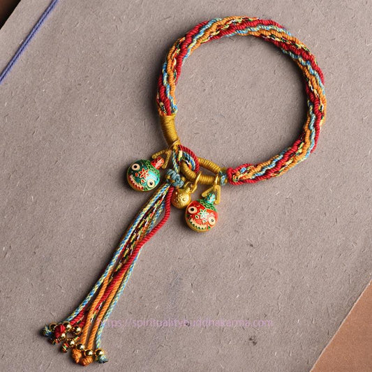 Ancient Tibetan Buddhist Red String Tradition  Gold Swallowing Beast Family Luck Reincarnation Knot Braid Colorful String Bracelet