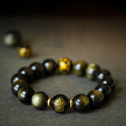 Spirituality Buddha Karma Chinese Zodiac Natal Buddha Gold Sheen Obsidian Wealth Protection Bracelet