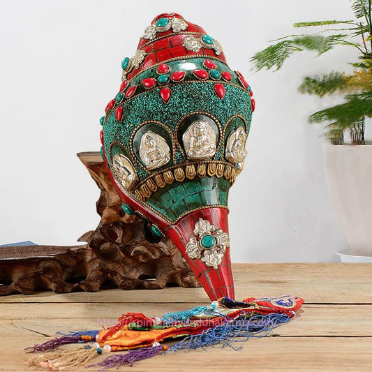 Spirituality Tibetan Handmade Shankha Om Mani Padme Hum Buddha Avalokitesvara Turquoise Conch Shell Positive Decoration