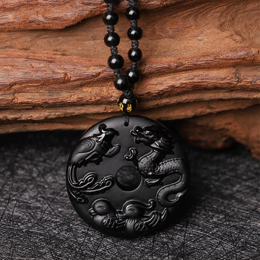 Spirituality Buddha Karma Black Obsidian Dragon Phoenix Mandarin Duck Luck Protection Necklace Pendant