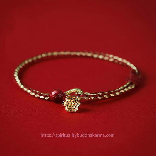 Ancient Tibetan Buddhist Red String Tradition  Handmade 925 Sterling Silver Lotus Cinnabar Gold Bead Blessing Braid Bracelet